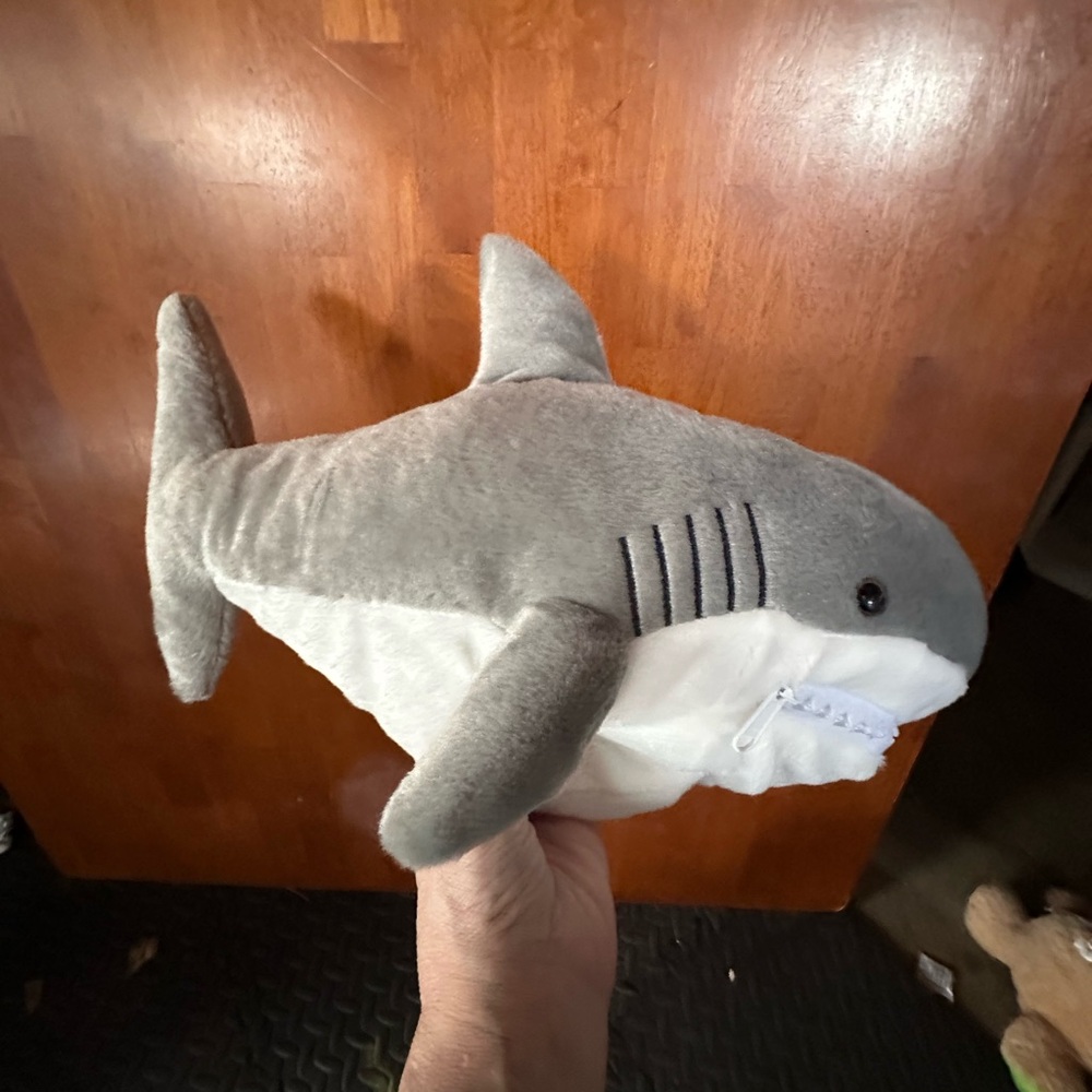 Cuddly Gray and White Shark Plush Toy with 3 Smaller Fish Inside Zippered Mouth